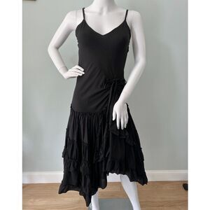 Vintage Black Tiered Ruffle Dress Spaghetti Strap Fairy Grunge Midi Dress Small